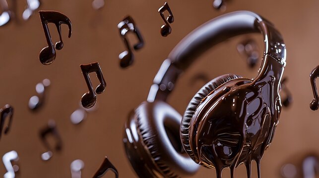 Headphones covered in chocolate with musical notes falling around them.