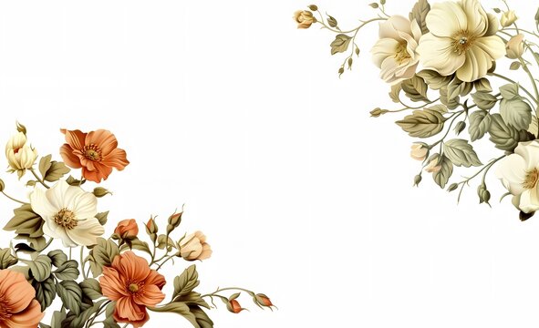 Vintage flower border frame card design, retro floral classic white background