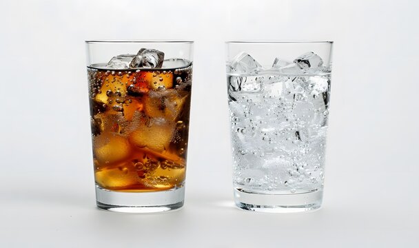 Mineral water vs sugary soda glass, healthy unhealthy drink beverages