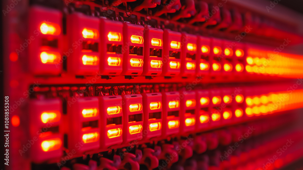 Poster a row of red lights are lit up in a row. the lights are arranged in a grid pattern