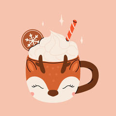 Christmas hot drink big collection. Flat cartoon beverages. Holiday cute mugs with hot cocoa, coffee, and mulled wine. New year drinks decorated with sweets and candy. Isolated vector illustration