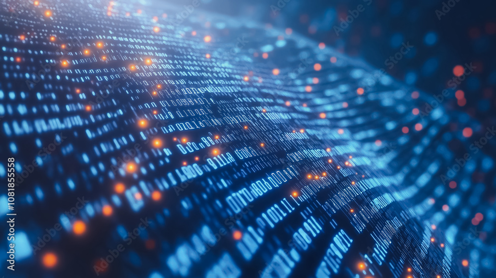 Poster a blue and orange wave of binary code. the blue and orange colors create a sense of contrast and mov