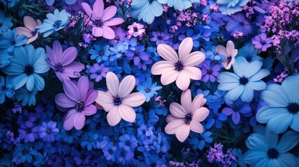 Field of blue and purple wildflowers, creating a vibrant and natural flower background