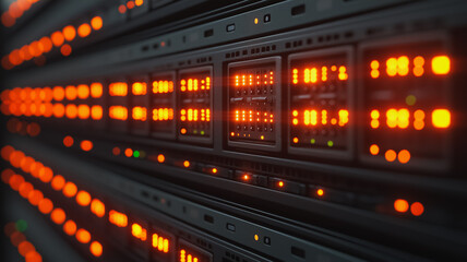 A row of computer servers with orange lights on them. The servers are black and the lights are bright