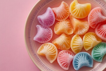 Colorful jelly candies on a pink plate.