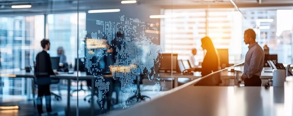 Modern office environment showcasing teamwork and technology, with professionals collaborating in a bright, dynamic workspace.