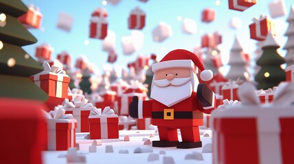 Santa surrounded by wrapped gifts, busy holiday scene, cheerful Christmas atmosphere.