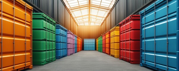 Fototapeta premium Vibrant storage containers arranged in a warehouse, showcasing an organized and colorful industrial environment with natural lighting.