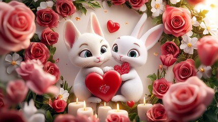 Two cute cartoon bunnies surrounded by roses and candles holding a large heart.