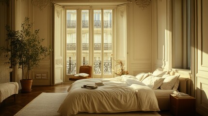 A Bedroom with a View of a City Through French Windows