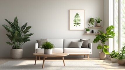 A serene living room featuring a cozy sofa and various indoor plants, creating a peaceful and inviting atmosphere.