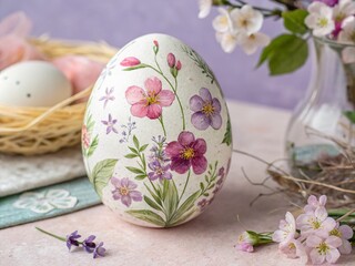 Fototapeta premium Cute Watercolor Violet Easter Egg Adorned with Delicate Flowers Set Against a Soft Pastel Background for Spring Celebrations and Seasonal Decor