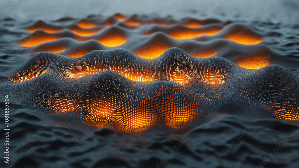 Poster a computer generated image of a lava field with a few small bubbles of light. the image has a surrea
