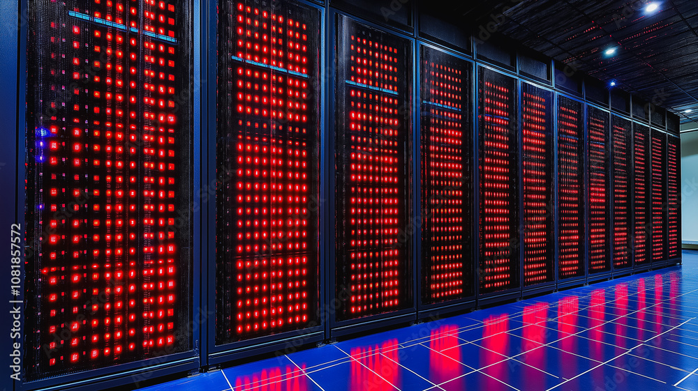 Poster a row of computer servers with red lights on them. the servers are lined up in a row and are all lit