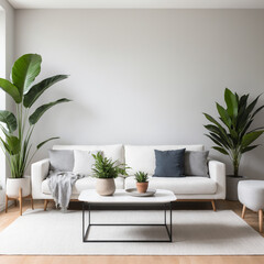 A minimalist living room with a white sofa, a white coffee table, and large potted plants. The room features a light gray wall, a white rug, and a minimalist aesthetic.


