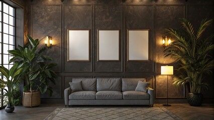 Fototapeta premium Dark and Elegant Living Room with Triptych of Empty Canvases, Soft Lighting, Sleek Gray Couch, and Lush Indoor Plants Creating a Serene Atmosphere for Stock Photography