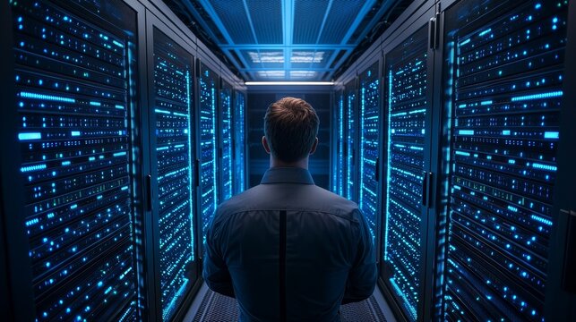 A technician monitors data servers in a high-tech data center, showcasing the importance of technology in data management.