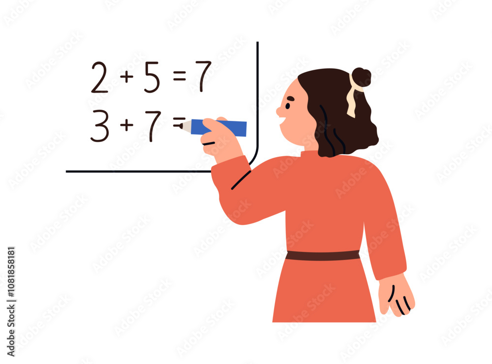 Poster girl student solving math equations, arithmetics problems on blackboard. school kid learning additio