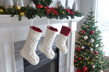 Three white Christmas stockings hanging from the fireplace, with a green wreath above. Red and silver ornaments on top of the Christmas tree for a festive holiday scene.
