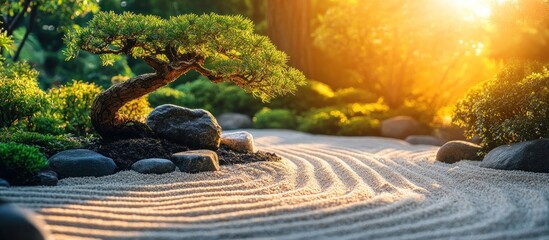 Naklejka premium A serene Japanese rock garden with a bonsai tree in the foreground and raked sand patterns in the background, bathed in warm sunlight.