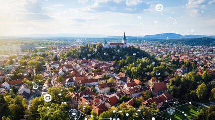 Aerial View of a Cityscape with Church and Networked Icons