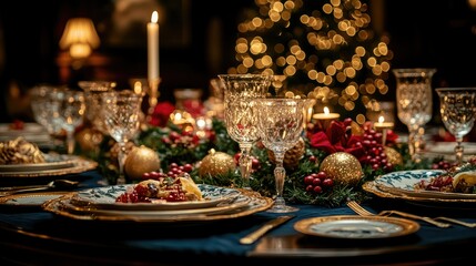 Fototapeta premium Elegant Christmas table setting with gold and red decorations, a blurred Christmas tree in the background.