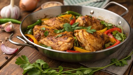 Fototapeta premium Deliciously Cooked Chicken in a Pan with Fresh Herbs and Vegetables, Perfect for Culinary Displays and Recipe Inspirations