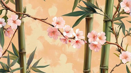 68.A seamless arrangement of cherry blossom clusters and tall, slender bamboo stems, set against a peachy backdrop. The gentle pink hues of the blossoms contrast softly with the green of the bamboo,