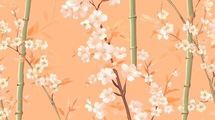 64.A seamless pattern featuring delicate pink cherry blossoms intertwined with slender bamboo stalks, all set against a soft peach background. The intricate floral details contrast elegantly with the