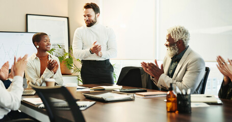 Business people, happy or applause in office for achievement, good news or project success. Team...