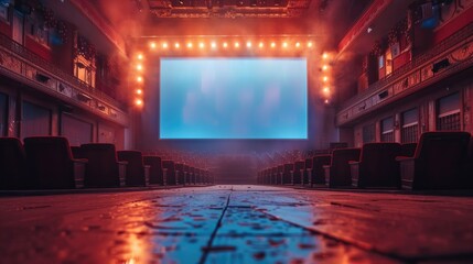 Empty theater with stage, screen, and red seats.