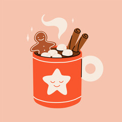 Christmas hot drink big collection. Flat cartoon beverages. Holiday cute mugs with hot cocoa, coffee, and mulled wine. New year drinks decorated with sweets and candy. Isolated vector illustration