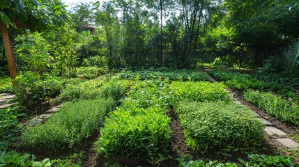106.A serene organic herb garden filled with lush green plants in neat rows, basking in natural sunlight. The garden exudes tranquility with a variety of herbs like basil, thyme, and rosemary