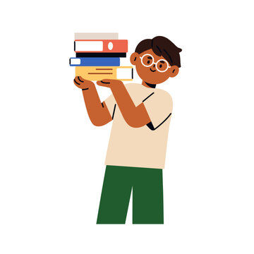 Boy holding book stack in hands. Cute child student in glasses, carrying literature for reading from library. School education and study concept. Flat vector illustration isolated on white background