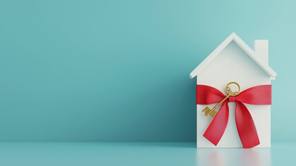 charming house model adorned with red ribbon and golden key, symbolizing new beginnings and homeownership. Perfect for real estate themes