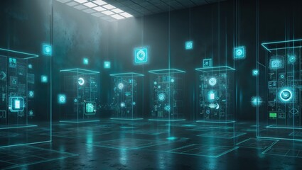 Library of Floating Digital Icons and UI Elements on a Transparent Grid