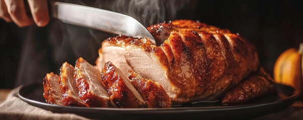 A beautifully roasted meat dish being sliced, showcasing golden crust and juicy interior, perfect for festive gatherings and meals.