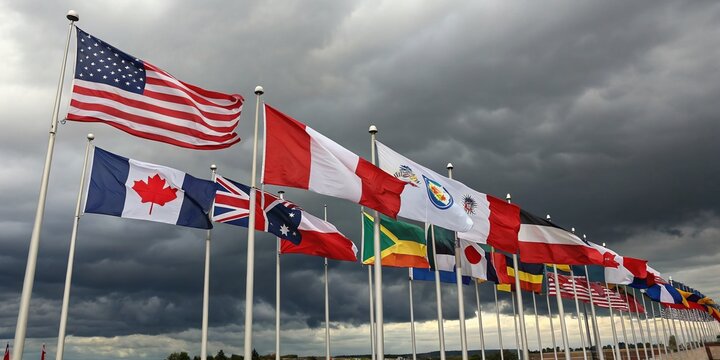Detailed Flat Vector Illustration of G8 Flags Against a Dramatic Cloudy Sky Background with Space for Customizable Text for Use in Presentations or Marketing Materials