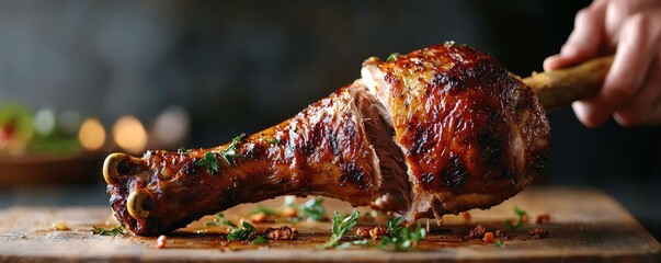 A close-up of a juicy, roasted meat leg being held over a wooden cutting board, garnished with herbs and spices.