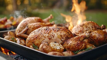 A delicious array of roasted chickens garnished with herbs, cooked to perfection over an open flame outdoors.