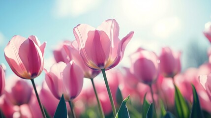 Obraz premium 94.A vast field of pink tulips in full bloom, stretching toward a bright blue sky. The sunlight gently filters through the translucent petals, casting a soft glow that highlights the delicate