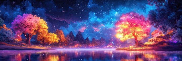Fototapeta premium Surreal landscape with gigantic neon trees, glowing water, and a sky filled with bright, radiant stars