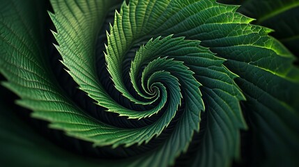 30.A vibrant and intricate spiral of green leaves, shot in extreme close-up to emphasize the natural geometry and symmetry. The abstract design is filled with depth, as each layer of leaves curves