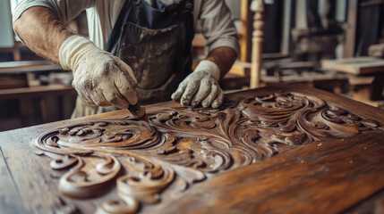 man repairing wooden cabinet or table, photo of male master restorer restoring antique furniture, cabinetmaker, carpenter, joiner, furniture maker, vintage interior item, wood carving, woodworker