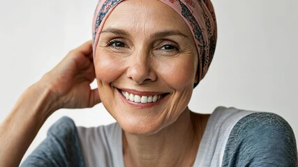 A woman wearing a patterned headscarf smiles brightly, her eyes sparkling with life