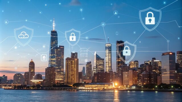 Double Exposure of Business Security and Technology, Symbolizing Reduction of Cyberattack Fear for Corporate Returns and Business Continuity