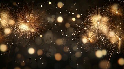 Golden fireworks display lighting up the night sky with festive bokeh effects, perfect for new year celebration backgrounds and holiday-themed designs