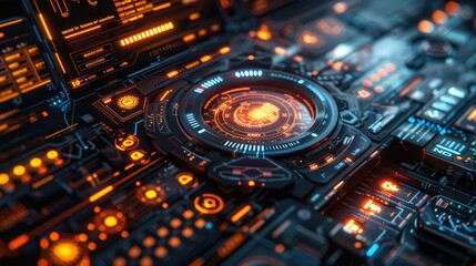 Obraz premium Futuristic technology interface with glowing orange and blue lights.