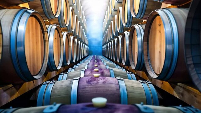 Rows of wooden barrels in a wine cellar, creating a perspective view with soft lighting and a serene atmosphere.