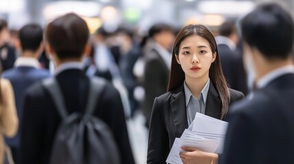 Job seekers actively engaging with recruiters at a bustling career fair, showcasing determination and eagerness in their pursuit of professional opportunities.